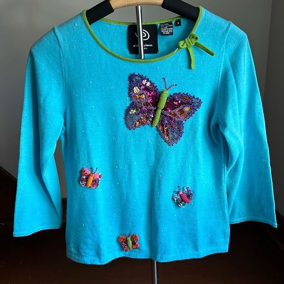 Y2K Michael Simon Blue Butterfly 3/4 Sleeve Top. Size Small - Picture 1 of 8